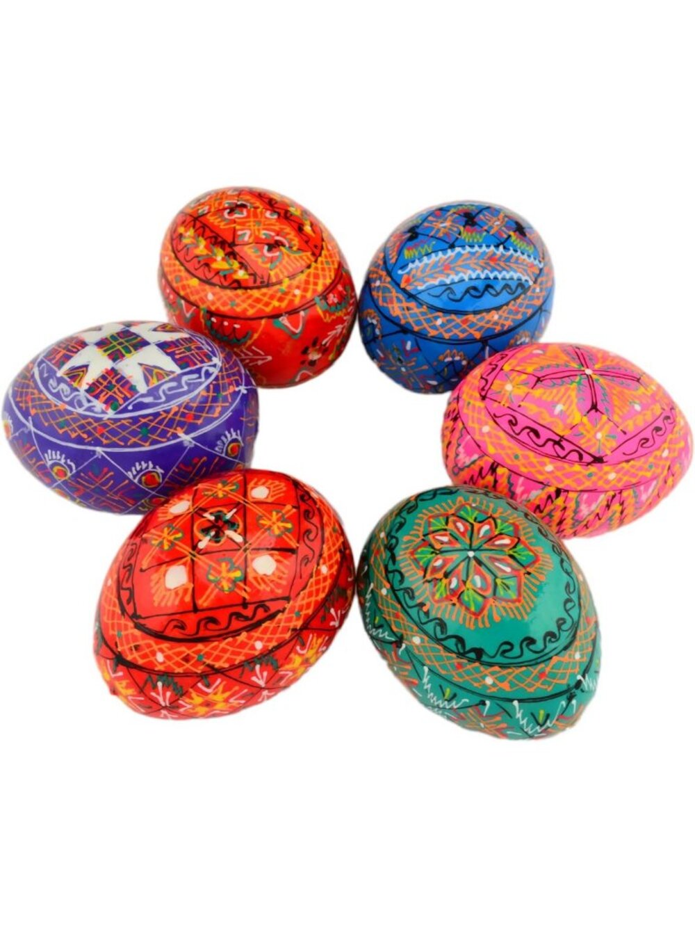 Colorful Ukrainian Pysanky Wooden Eggs Set of 6 | Hand-Painted Easter Decor